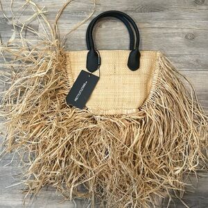 PLT Natural Frayed Straw Beach Bag